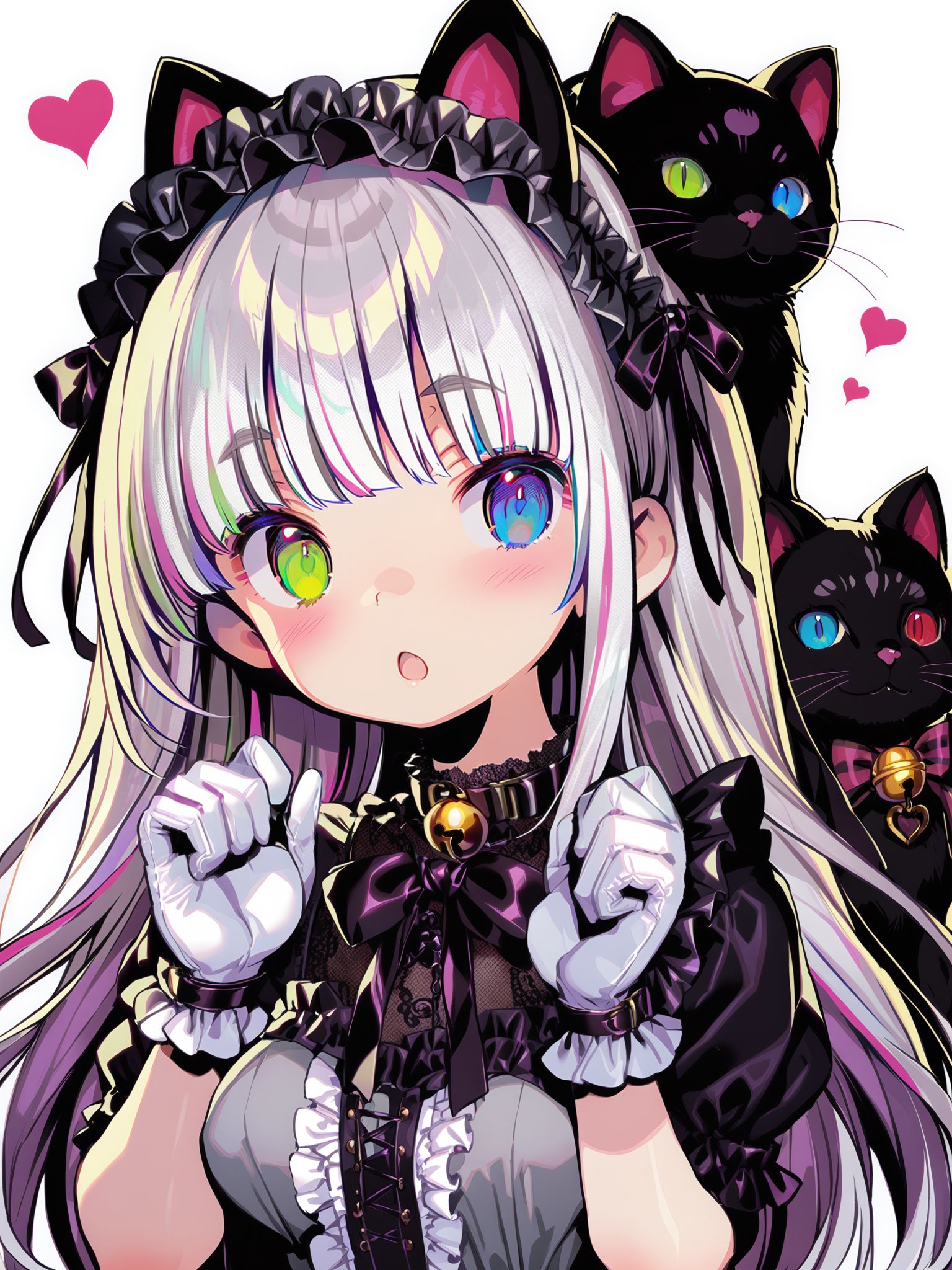 <lora:xl_dohna dohna(kohaku_delta)-000005:1>,dohna dohna style,1girl,gloves,heterochromia,long hair,cat,white gloves,white background,green eyes,blue eyes,simple background,bell,looking at viewer,dress,solo,bangs,breasts,blush,eyebrows visible through hair,animal,short sleeves,heart,black cat,parted lips,hairband,jingle bell,lolita fashion,upper body,ribbon,silver hair,animal on shoulder,medium breasts,lolita hairband,hands up,black ribbon,frills,blunt bangs,artist name,cat on shoulder,gothic lolita,black dress,collar,:o,bow,grey dress,striped,head tilt,, masterpiece, best quality,