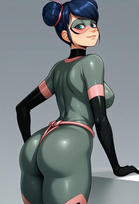 score_9, score_8_up, score_7_up, source_anime ,1girl, solo, breasts,  mature female, zPDXLxxx, completely nude female, (curvy), indoor background, bedroom background, looking at viewer, huge ass, ((narrow waist)), wide hips, smile, smug, thick thighs, thick ass, curvy ass, ass, large hips, (slim girl),(voluptuous body),  imtdmultimouse, blue hair, hair bun, double bun, blue eyes, bodysuit, elbow gloves, mask, domino mask, short hair, necklace, swept bangs, turtleneck, skin tightBREAK