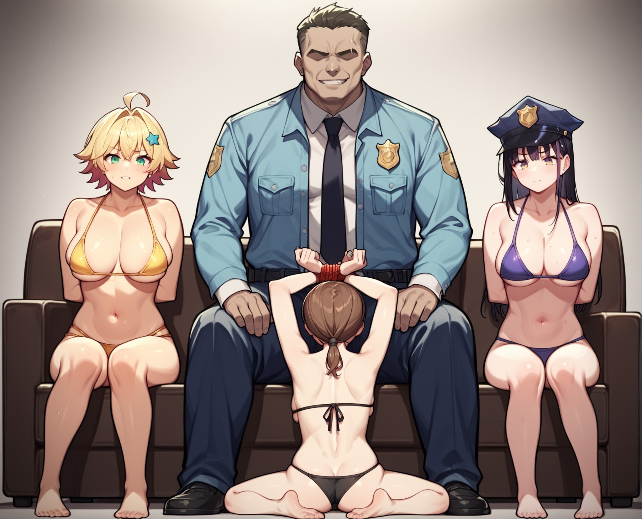 score_9, score_8_up, score_7_up, source_anime, BREAK multiple girls, 1boy, male yakuza, policewomen, bound female, bikini, sitting, captured, evil male, implied fellatio, hetero, ass, <lora:Harem_King_Pose:1>, rating_questionable