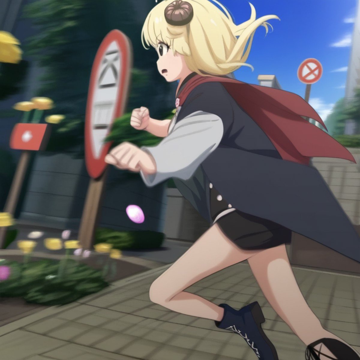 tsunomaki watame, outstretched arm, from side, nature, cellphone, cross-laced footwear, running, flower, blue footwear, road sign, open mouth, bubble, lamppost, blue sky, cape, tomboy