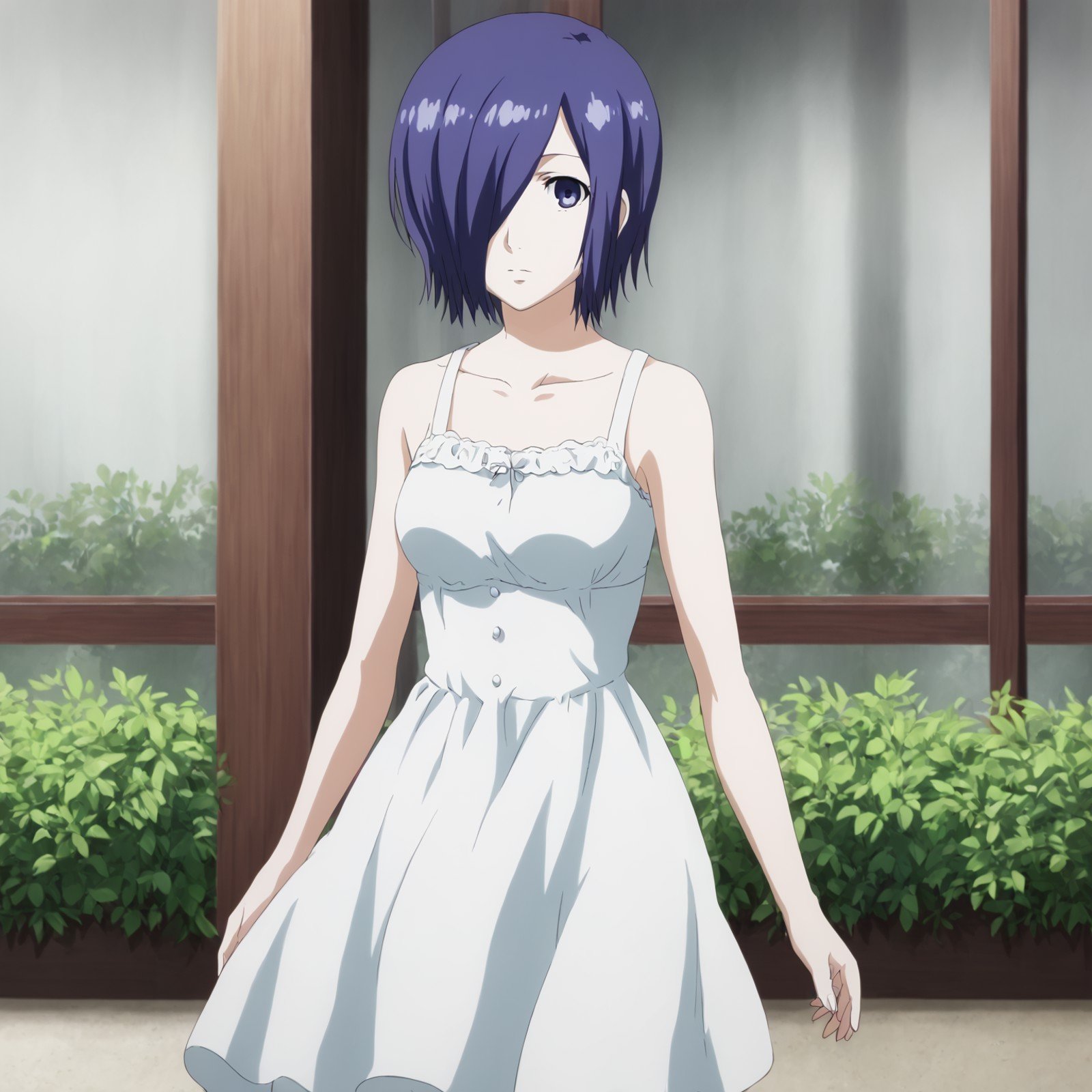 <lora:SlimesTouka-000001:1>, slimes_touka, woman, solo, sundress, hair over one eye, cafe background