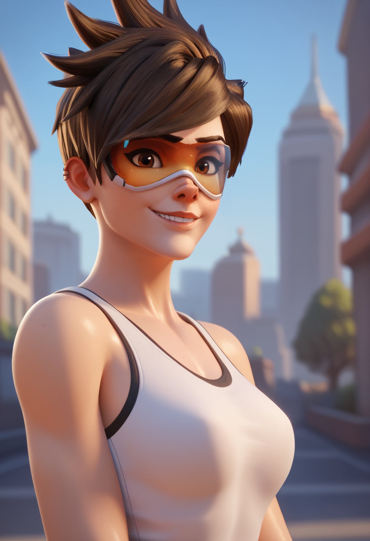 score_9,score_8_up,score_7_up,score_6_up ,source_overwatch <lora:overwatch_rule34_xl_pd_goofy_16:1> score_9, score_8_up, score_7_up,  1girl, solo, tracer \(overwatch\), portrait, upper body, smile, looking at viewer, depth of field, outdoors,city, tank top,brown eyes,blonde hair, short hair, spiked hair