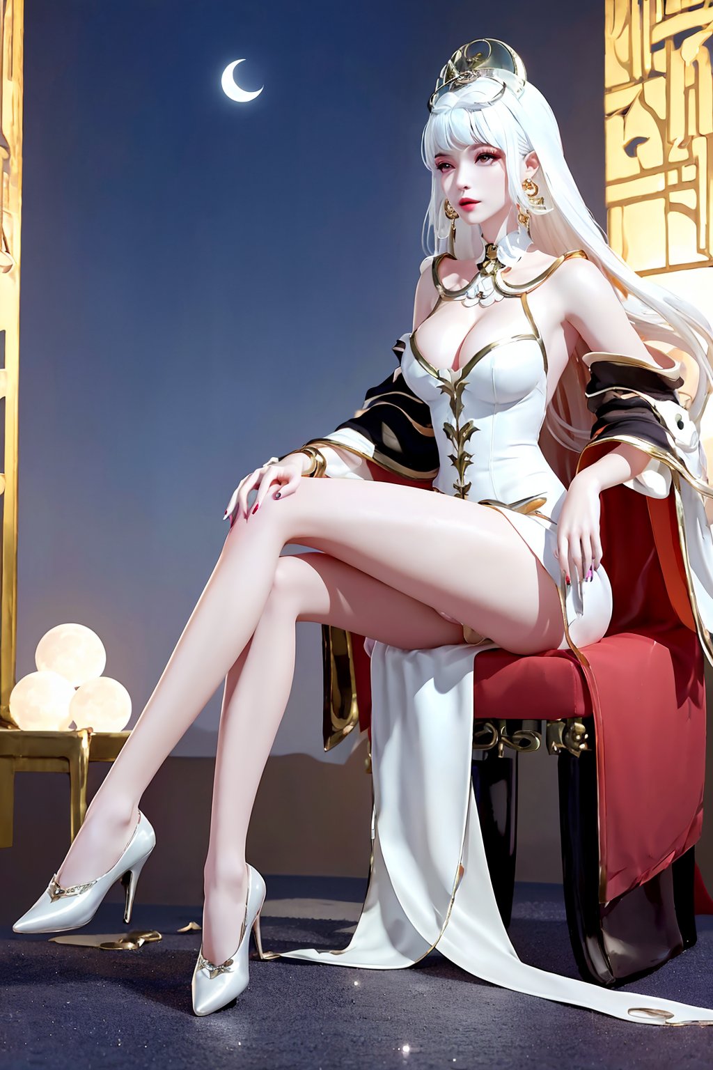 sitting, (crossed_legs), dress, chinese_clothes, long_sleeves, looking_at_viewer, (scenery,  east_asian_architecture, full_moon, moon, night,  moonlight,  night_sky,  sky,  potted_plant,  plant),1girl, solo, white_hair, long_hair, hair_ornament, jewelry, earrings, (cleavage), white_legwear,fingernails, nail_polish, makeup,photo_\(medium\),(8k, RAW photo, best_quality), (masterpiece:1.2),(realistic), (photorealistic:1.3),(ultra-detailed),(extremely_detailed_cg_8k_wallpaper),(crystal_texture_skin:1.3), (pale_skin), (shiny:1.2),(shiny_skin:1.4),(extremely_delicate_and_beautiful), <lora:syqiangk_加强_貂蝉_曦玄引2_C9_5.2:0.8>,