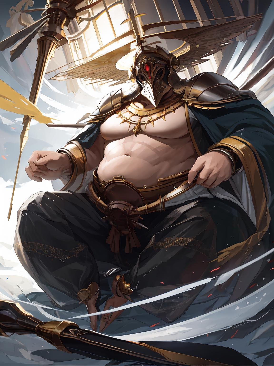 masterpiece,best quality,highres,cinematic lighting,dramatic angle,<lora:ShadowverseMarwynnV4-000021:0.8> ,1man,fat,(helmet,mask,covered face,covered mouth:1.2),black pants,topless,cape,ribbons,looking at viewer,sitting,floating objects,spears,flocks,shrine,holy light,praying