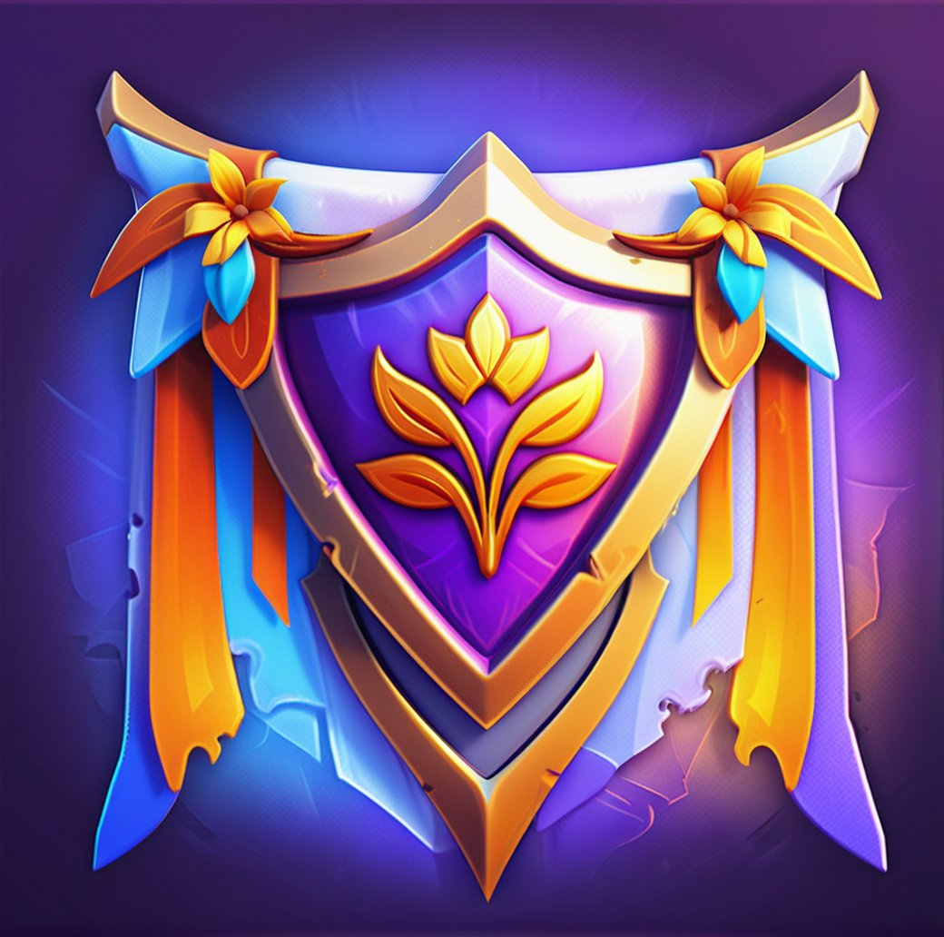 digital game illustration, fantasy banner, shield emblem, golden flower symbol, purple and orange tones, digital art, gradient background, detailed texture, torn edges, glowing effect, ornamental design, vibrant colors, three-dimensional, high resolution, emblematic representation, symmetrical composition, flag, game asset ,<lora:游戏-000002:0.6>