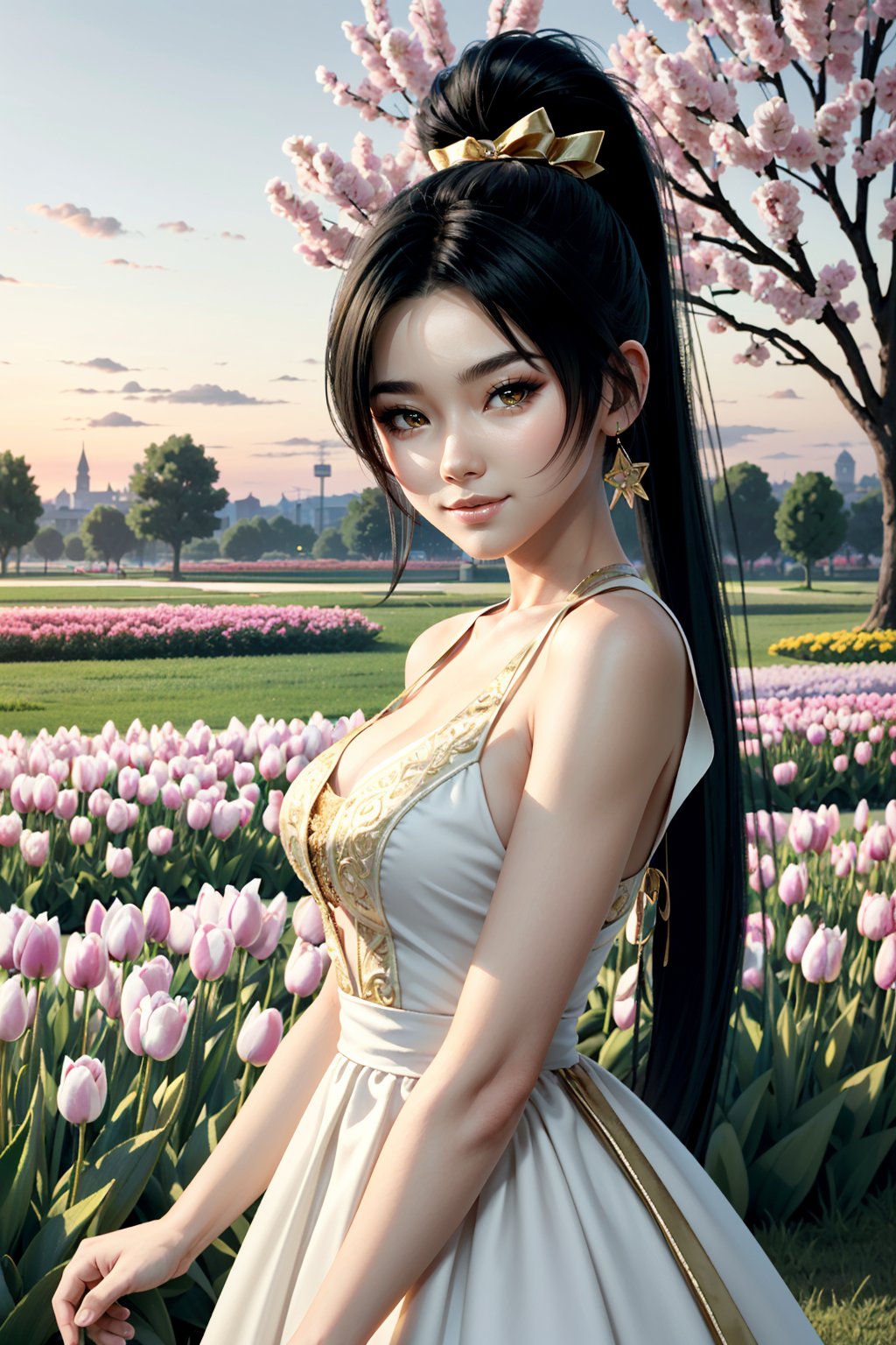 ((ultra detailed, masterpiece, absurdres)) <lora:DOAMomiji:0.9>DOAMomiji, 1girl, ponytail, long hair, in a field of tulips, golden hour, elegant dress, smiling