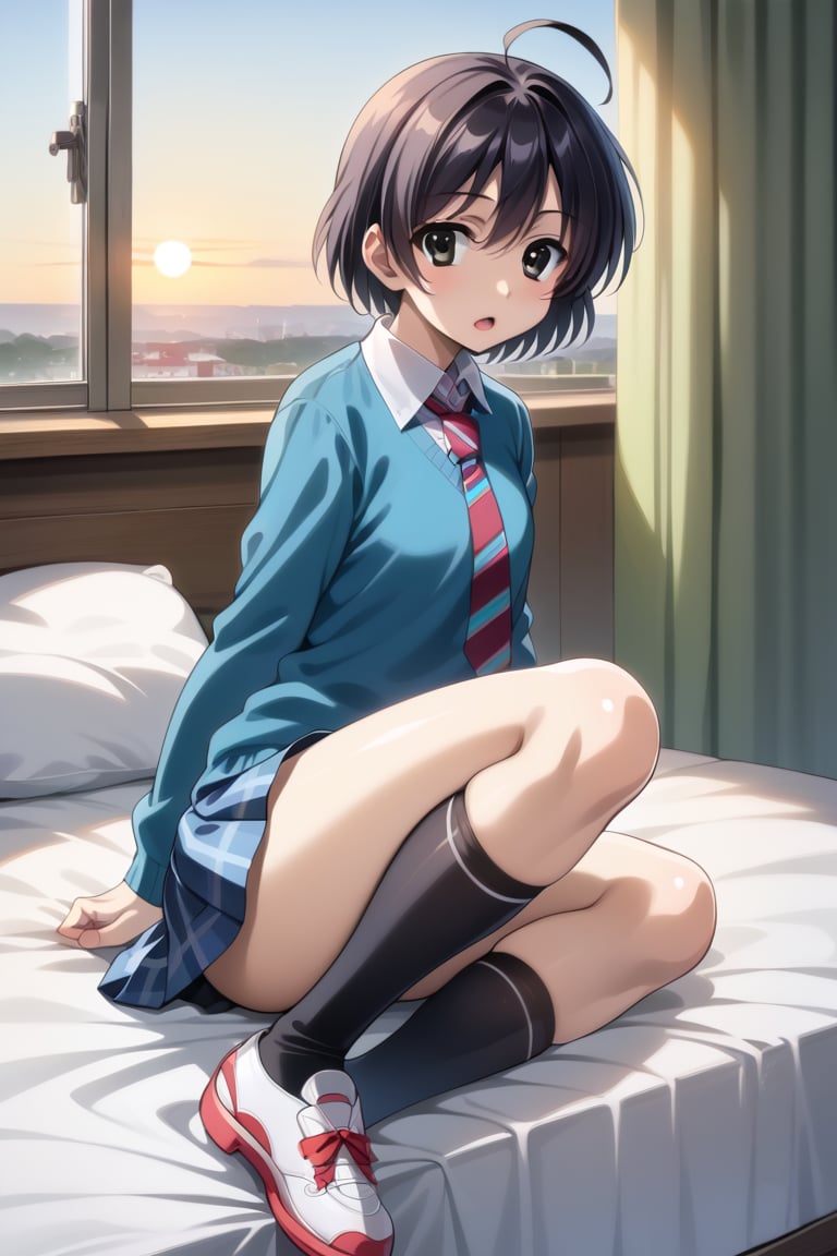 Highly detailed, High Quality, masterpiece, beautiful, 1girl, solo, (feminine focus, young woman, 16 years old), niki ookuma, short hair, black hair, ahoge, (black eyes:1.5), (detailed eyes, perfect eyes, pupils), mini skirt, school uniform, necktie, shoes, socks, (white_blouse, tie inside sweatshirt, skyblue sweater:1.5), plaid skirt, black socks, sneakers, curtains, bed, Open window, sunrise, sitting in bed, looking_at_viewer, open_mouth, full_body, Motion Blur, side_view, ,score_9<lora:EMS-397136-EMS:0.900000>, <lora:EMS-409892-EMS:0.800000>