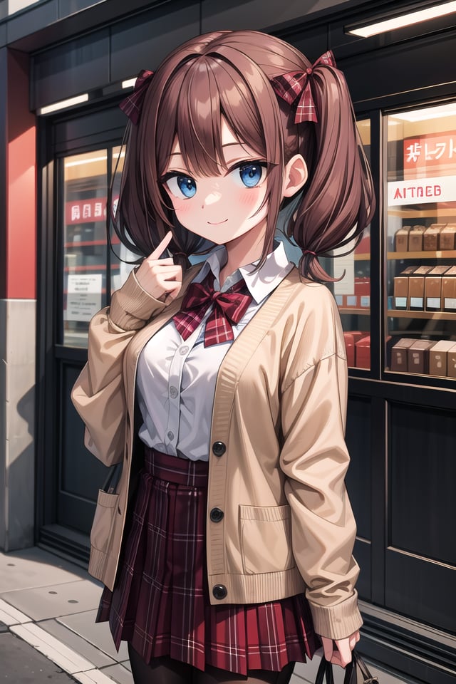 insanely detailed, absurdres, ultra-highres, ultra-detailed, best quality,1girl, solo, nice hands, perfect handsBREAK(School Uniforms:1.2), (pink cardigan is fit body:1.4), ((do up a buttons, not loose):1.5), ((long sleeve, sleeves past wrists):1.2), (inner wear is white collared-shirt:1.3), (red plaid-pattern bow:1.3), (red plaid-pattern pleated skirt:1.3), ((dark-brown pantyhose, loafers):1.2)BREAK(nsfw:-1.5)BREAKhappy smile, laugh, closed mouthBREAK,standing, cowboy shot, looking at viewerBREAKslender, kawaii, perfect symmetrical face, ultra cute girl, ultra cute face, ultra detailed eyes, ultra detailed hair, ultra cute, ultra beautifulBREAKin street, cityscape in harajuku, depth of field, ultra detailed backgroundBREAKmedium large breastsBREAKhime cut, (low twintails:1.3), messy hair, medium hair, (red brown hair, dark blue eyes:1.3)<lora:eyecolle_torenia_v100:0.5> <lora:eyecolle_nadeshiko_v100:0.5>