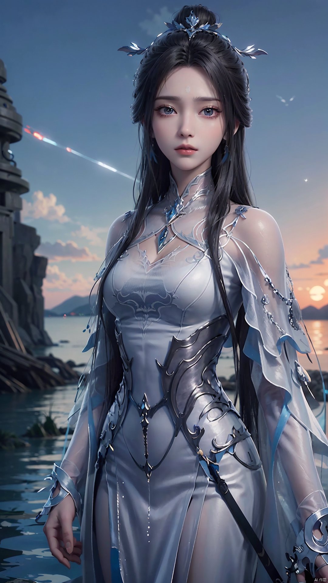 ((masterpiece)), ((best quality)), ((illustration)), extremely detailed,style girl, long shot, small breast,light grey very_long_hair, scifi hair ornaments, beautiful detailed deep eyes, beautiful detailed sky, beautifuldetailed water, cinematic lighting<lora:EMS-335572-EMS:0.600000>