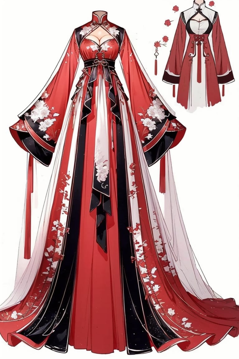 CostumeDesigning, dress, red dress, solo, breasts, full body, white background, chinese clothes, cleavage, long sleeves, long dress, standing, wide sleeves, <lora:20240531-1717117400420:0.8> 