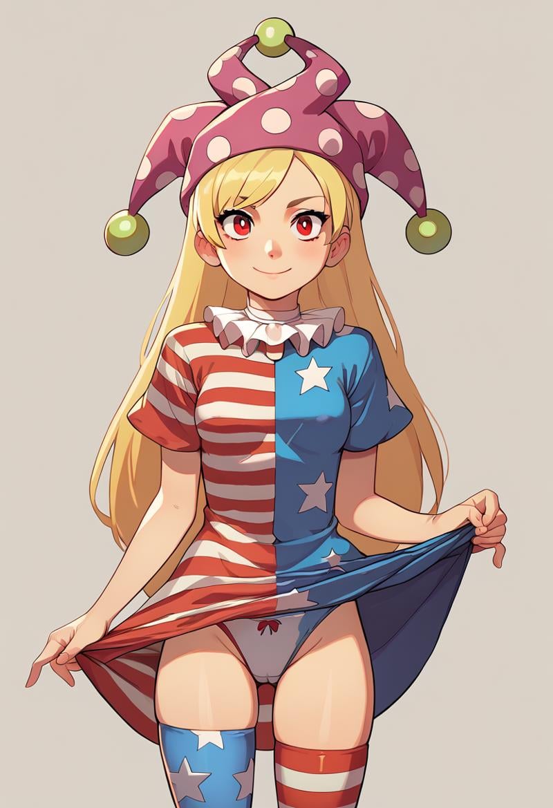 score_9, score_8_up, score_8, score_9, 1 girl,  source_anime, <lora:clownpiece_pony-10:1>, jester cap, neck ruff, blonde hair, american flag legwear, american flag dress, clownpiece, red eyes, long hair, detailed background, short sleeves,  clothes lift, panties,  <lora:Mangamaster-style_v10:0.8> mangamaster