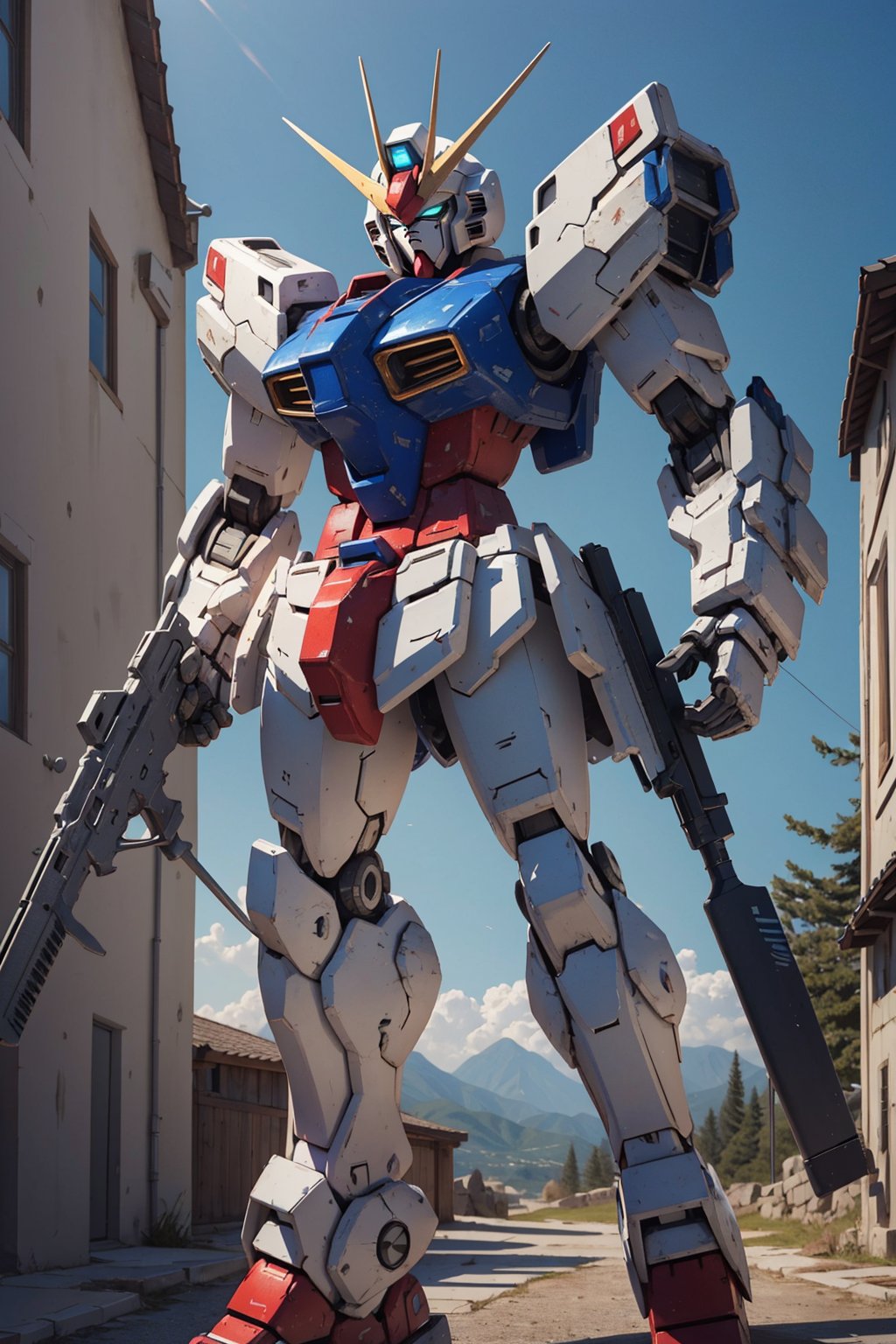 ,So_GunDam,looking ahead,robot,glowing eyes,full body,outdoors,weapon,holding weapon,holding,gun,holding gun,beam rifle,open hand,energy gun,clenched hand,war,fighting, edge quality, perspective silhouette, 8k, best quality, masterpiece, extremely detailed, rule of thirds, photorealistic, superb, HDR, high resolution, sharp focus, photorealistic rendering, extremely detailed description, professional, gorgeous and intricate detail, photo<lora:So_GunDam:0.7>