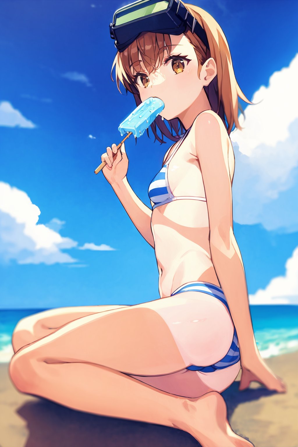 masterpiece, best quality, <lora:misakaimouto:1>,1girl, solo, swimsuit, misaka imouto, bikini, tan, tanlines, brown hair, striped, food, brown eyes, striped bikini, barefoot, misaka mikoto, sitting, one-piece tan, eating, navel, short hair, popsicle, cloud, looking at viewer, head-mounted display, star (symbol), full body, goggles, small breasts, blue bikini, from side, feet, breasts, holding food, holding, flat chest, frills, legs, ice cream, sky