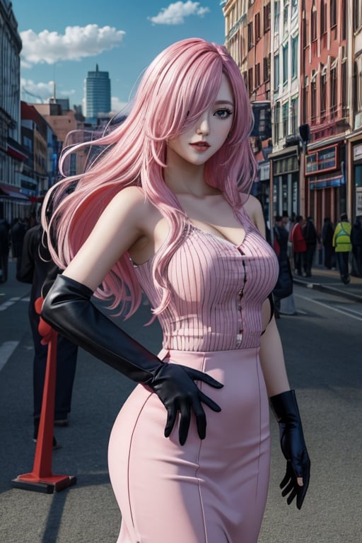 masterpiece, high quality, high resolution, xiahe, 8kwallpaper, pink hair, hair over one eye, elbow gloves, standing, long hair, <lora:last-000010:0.6>, public city, city background, <lora:add_detail:0.6>, 