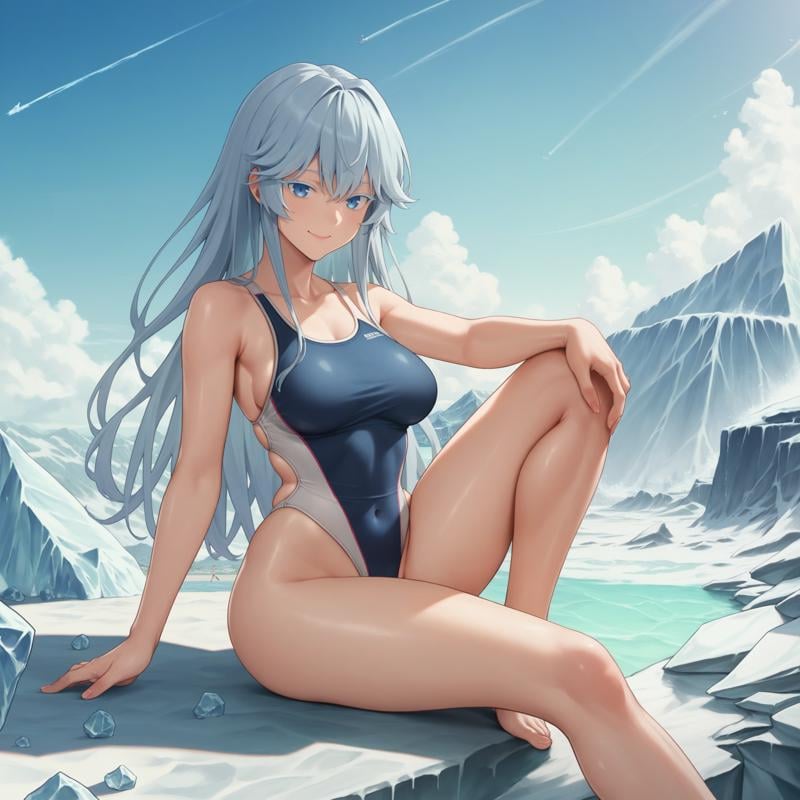 score_9, score_8_up, score_7_up, score_6_up, score_5_up, score_4_upBREAKelfaria_olis, 1girl, solo, light blue hair, long hair, colored eyelashes, blue eyes, medium breasts, competition swimsuit, skindentation, looking at viewer, smile, closed mouthBREAKglacier, iceberg, ice, sky, scenery<lora:elfaria_Wistoria_ponyxl_v1_char:1>