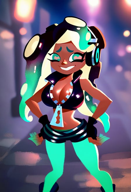 score_9, score_8_up, score_7_up, BREAK,1girl, marina \(splatoon\), octarian, cephalopod eyes, pink pupils, green eyes, dark skin,  purple tentacle hair,   inkling,black shorts, fingerless black gloves,  green pantyhose,large breasts, midriff, pantyhose under shorts,  zipper pull tab,hands on hips, looking at viewer,  smile, solo, standing, night, outdoors, street <lora:SplatoonXLLocon:1>