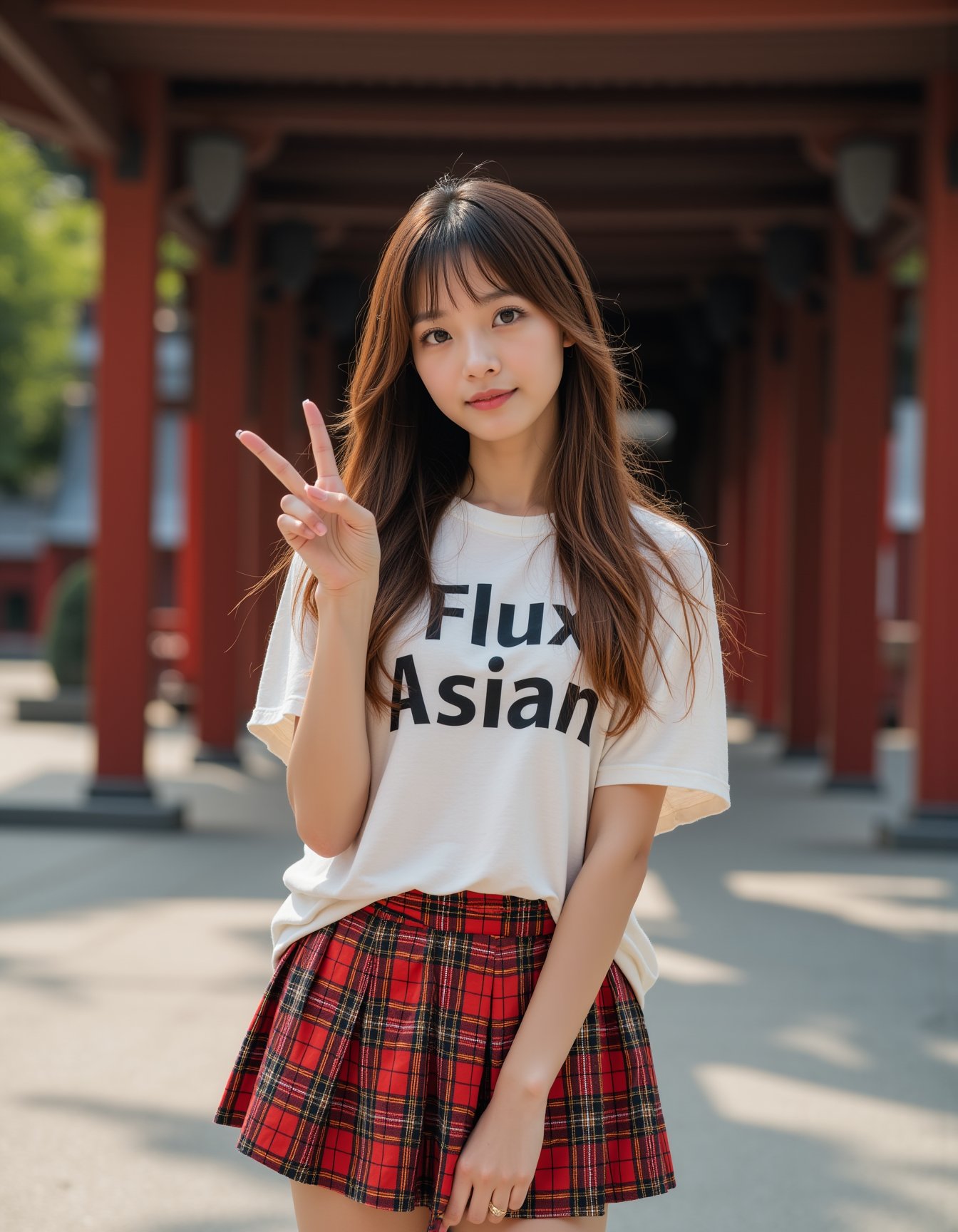 A photograph of an incredibly beautiful 18-year-old girl with long, stylish gradient brown hair, standing confidently at a street during daylight. She is wearing a shirt with "Flux Asian" boldly painted in large, readable lettering, making the message stand out clearly. Her hand with v symbol posing to viewer. Her outfit includes a red plaid pleated mini skirt that adds a touch of youthful energy and vibrancy to her look, complementing the serene and historic backdrop of the temple. The natural light highlights her confident posture and elegant features, while the traditional architecture of the temple, with its wooden beams and intricate design, contrasts beautifully with her modern, stylish appearance. The atmosphere is serene, with the warm sunlight casting soft shadows and enhancing the overall balance between youthfulness and cultural heritage in the composition