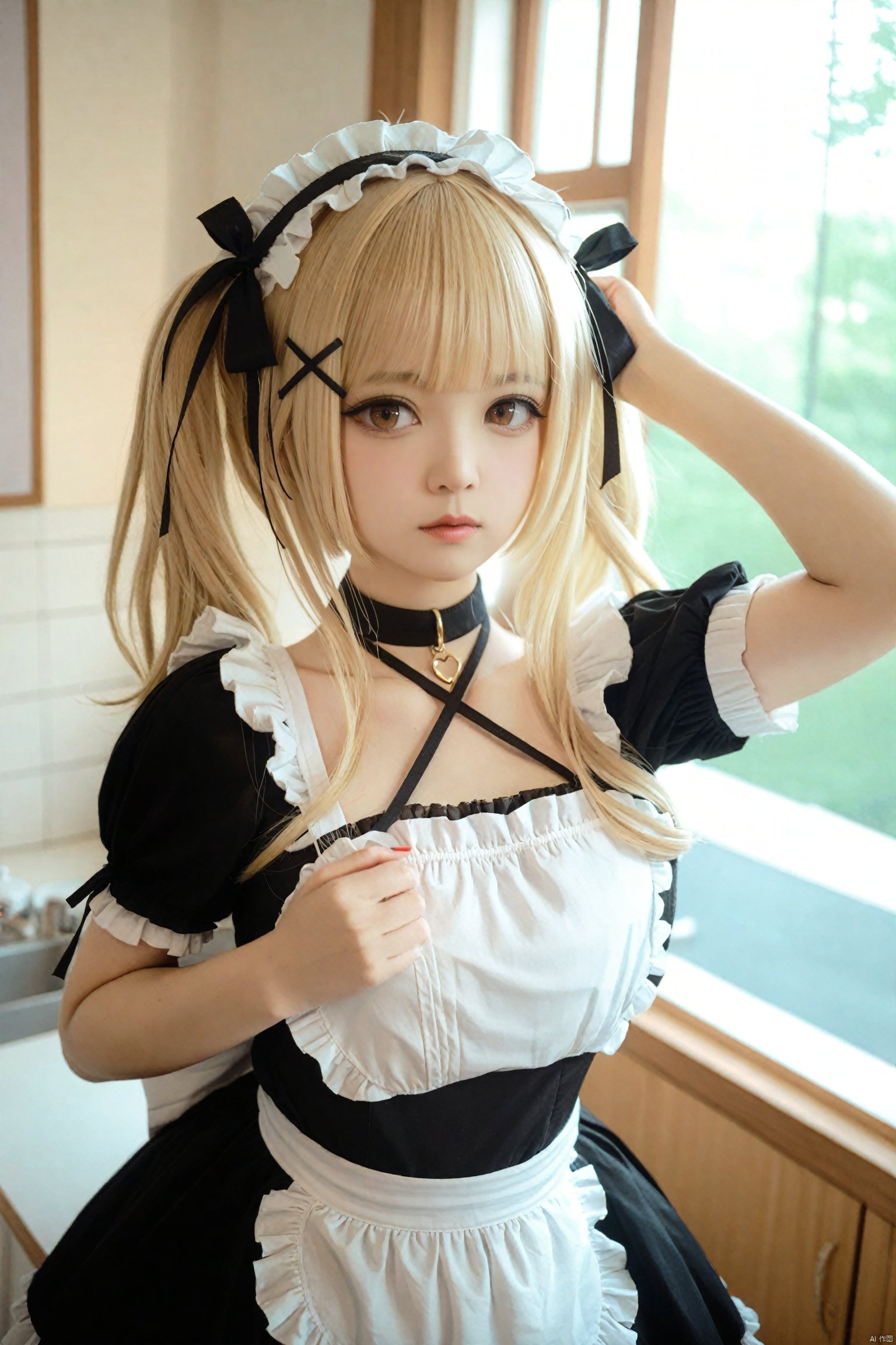 masterpiece,Realism,best quality,loli,1girl,solo,blonde hair,realistic,indoors,drill hair,kitchen,frills,hair ornament,black dress,dress,bare shoulders,x hair ornament,apron,blurry,hairband,sink,looking at viewer,detached sleeves,maid headdress,maid,halterneck,lolita hairband,hairclip,twintails,blunt bangs,brown eyes,gothic lolita,twin drills,ribbon,black ribbon,window,marie rose,photorealistic,bathroom,choker,lolita fashion,blurry background,arm up,collarbone,hair ribbon,lips,white apron,closed mouth,scrunchie,long hair,tiles,upper body,frilled dress,criss-cross halter,frilled sleeves,tile wall,frilled hairband,short sleeves,depth of field,nail polish,medium hair<lora:EMS-288516-EMS:0.000000>, <lora:EMS-300688-EMS:0.000000>, <lora:EMS-301024-EMS:0.300000>, <lora:EMS-339656-EMS:0.000000>, <lora:EMS-324355-EMS:0.000000>, <lora:EMS-344883-EMS:0.000000>