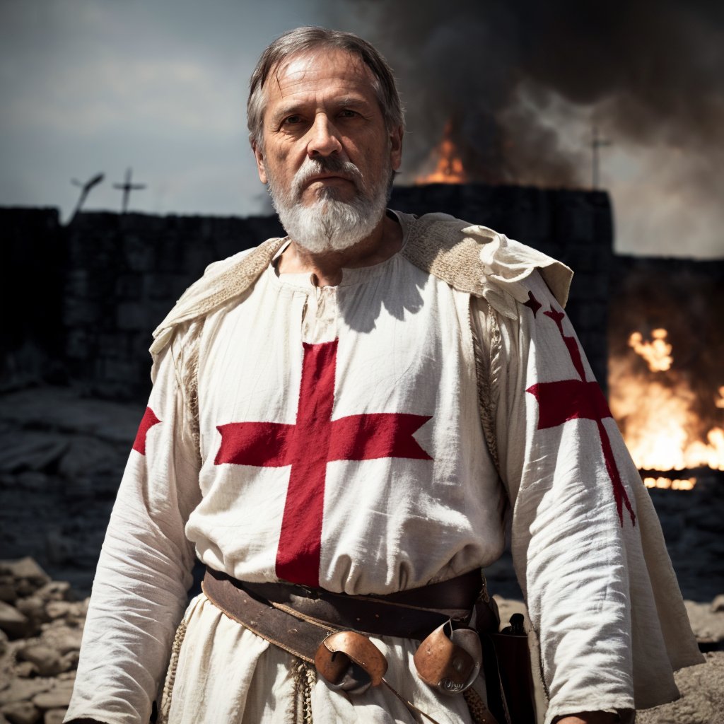 (masterpiece:1.2), (best quality:1.2), (detailed:1.2), close up portrait of old man with grey beard wearing templar clothes, white tunic with red cross on chests, standing in front of a burning castle, stunning environment, <lora:templar:1>