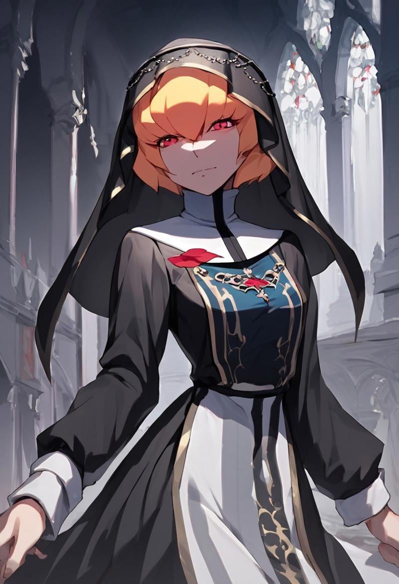 score_9, score_8_up, score_7_up,source_anime,Clementine, blonde hair, short hair, red eyes,black veil,nun clothes,castle view, moonlight,solo