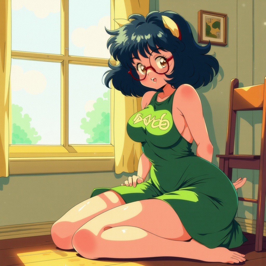 archi_retro, retro artstyle, anime girl wearing glasses and a green dress with her butt on the floor in front of a window