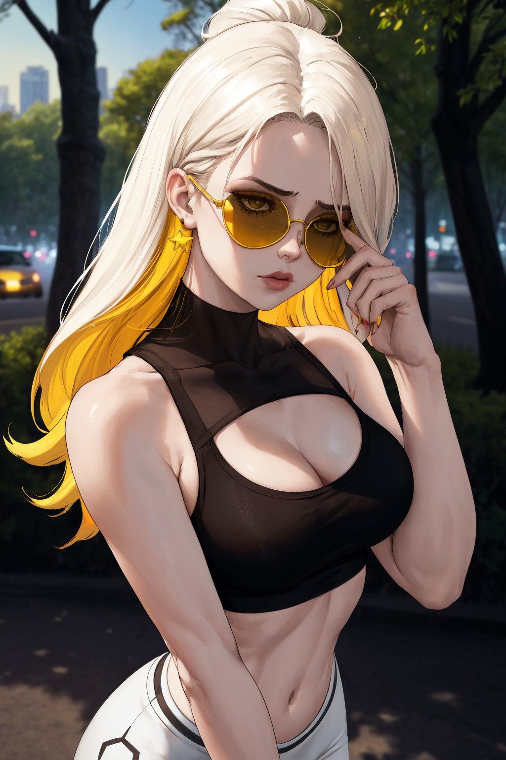 cleavage, woman, from_above, crop top, detailed face, yellow bodycon tank top, hair, park, sky, trees, pale skin, moonlight, stars, 1girl, statement sunglasses, woman,petite, vivid colors, bokeh background, subject for emphasis,dramatic colors,