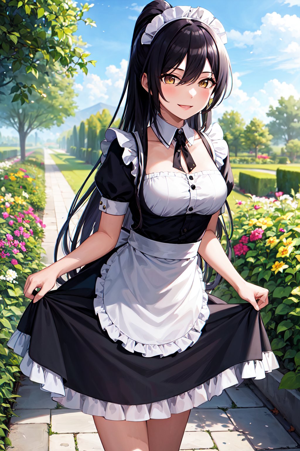 masterpiece, best quality, highres, aasakuya, long hair, high ponytail, breasts, <lora:shirase_sakuya_v1:0.7>, maid, maid headdress, apron,skirt hold, smile, garden, standing,