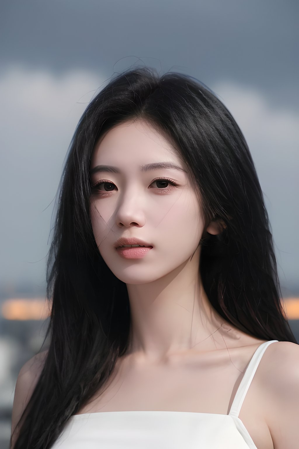 <lora:0830_01:0.7>,Frontal photography,Look front,evening,dark clouds,the setting sun,On the city rooftop,A 20 year old female,Black top,Black Leggings,black hair,long hair,dark theme,muted tones,pastel colors,high contrast,(natural skin texture, A dim light, high clarity) ((sky background))((Facial highlights)),, 1girl,realistic,masterpiece, best quality, photorealistic, HDR,detail