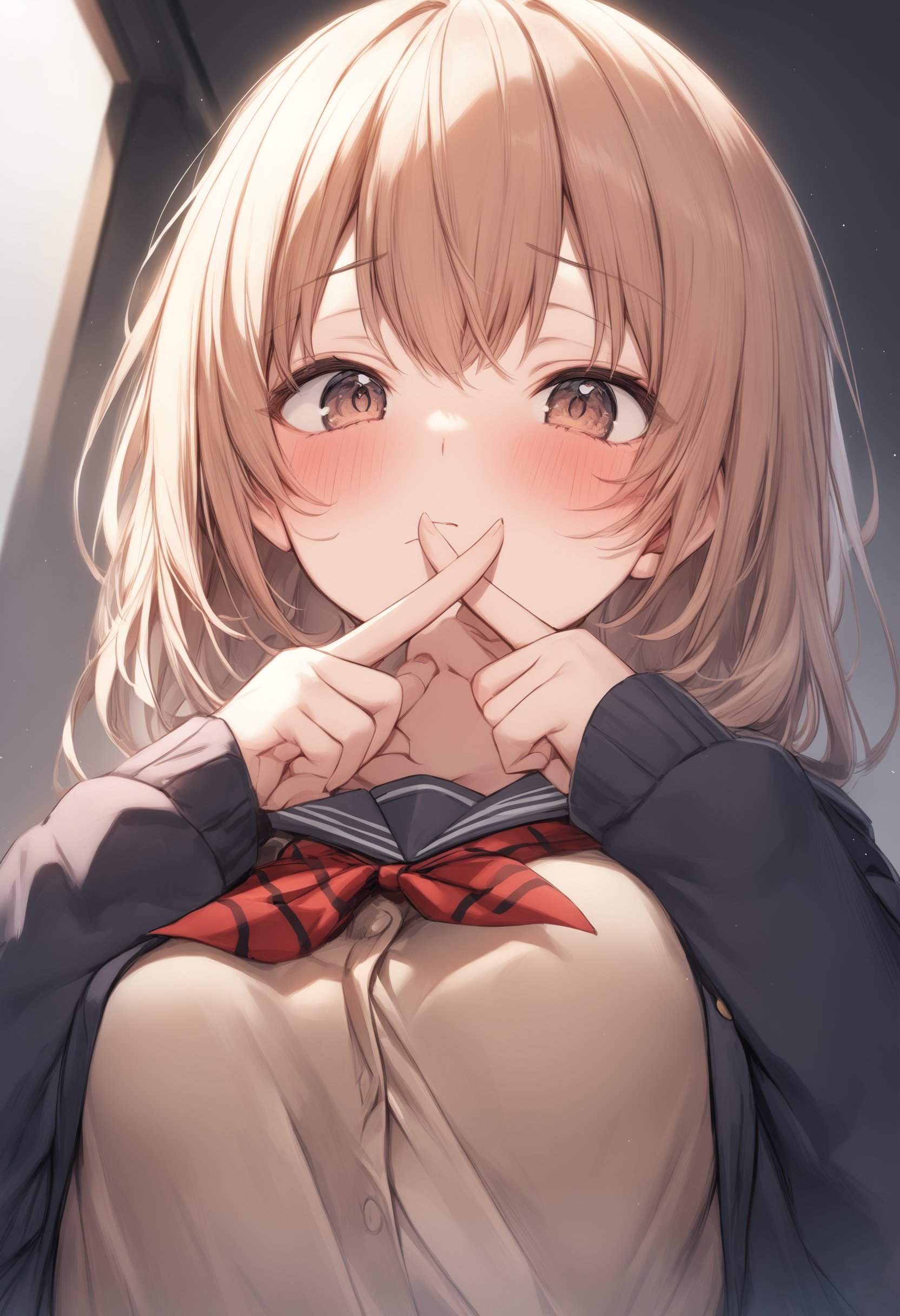 1girl, <lora:sdxl2-flat2-512b:-1>,medium breasts,school uniform,face close-up,<lora:xfingersXLv2:0.7>,x fingers,blush, from below, panorama shot, looking to the side,best quality,medium quality,