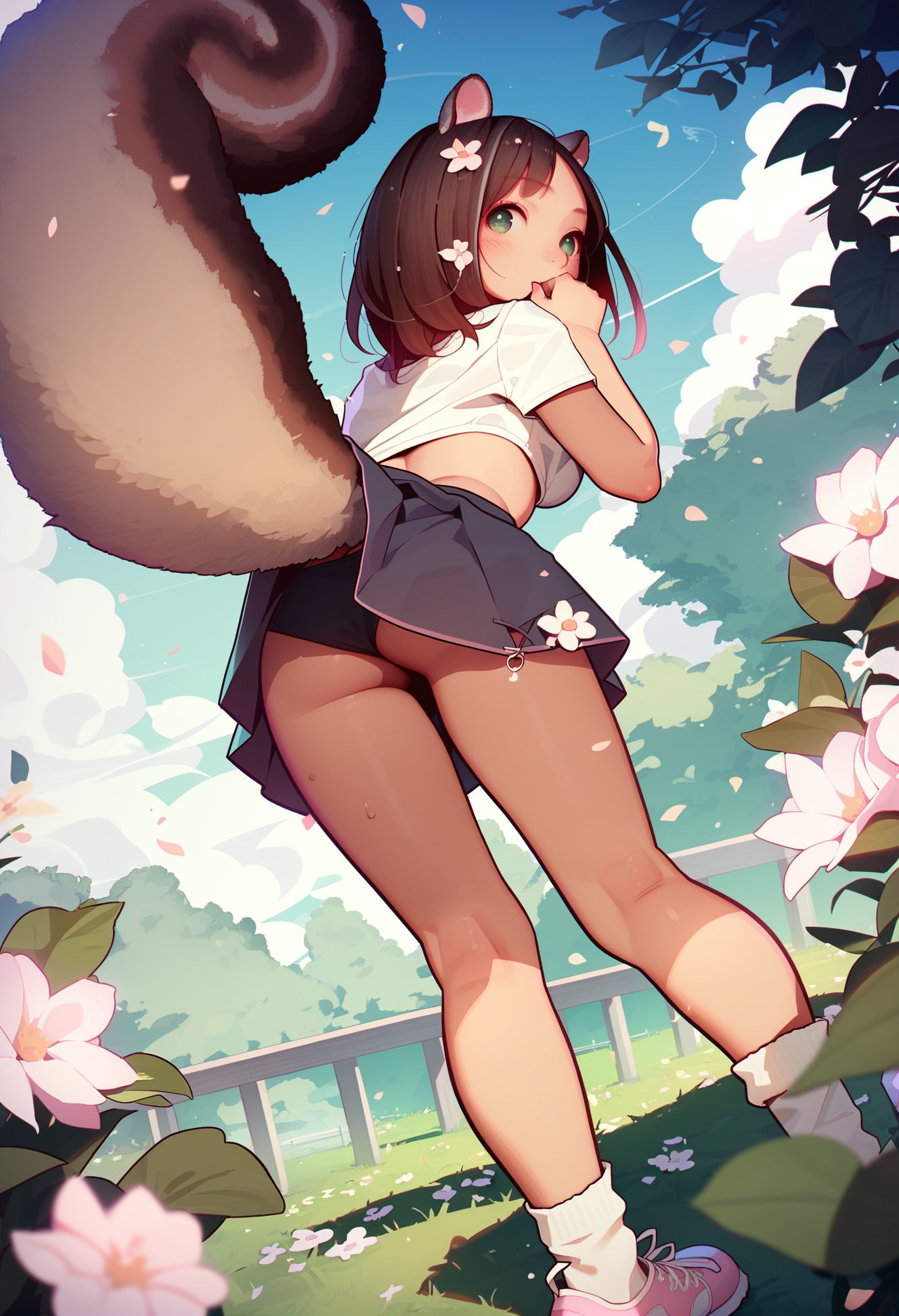 by muk \(monsieur\), by henreader, best quality, masterpiece, score_9, score_8_up, score_7_up,1girl, squirrel girl, squirrel ears, squirrel tail, brown hair, green eyes, crop top, medium breasts, skirt, hips, ashamed, blush, covering mouth, from behind, bent over, lifted by tail, tail raised, outdoors, forest meadow, flowers, sunny day, clouds, epic landscape