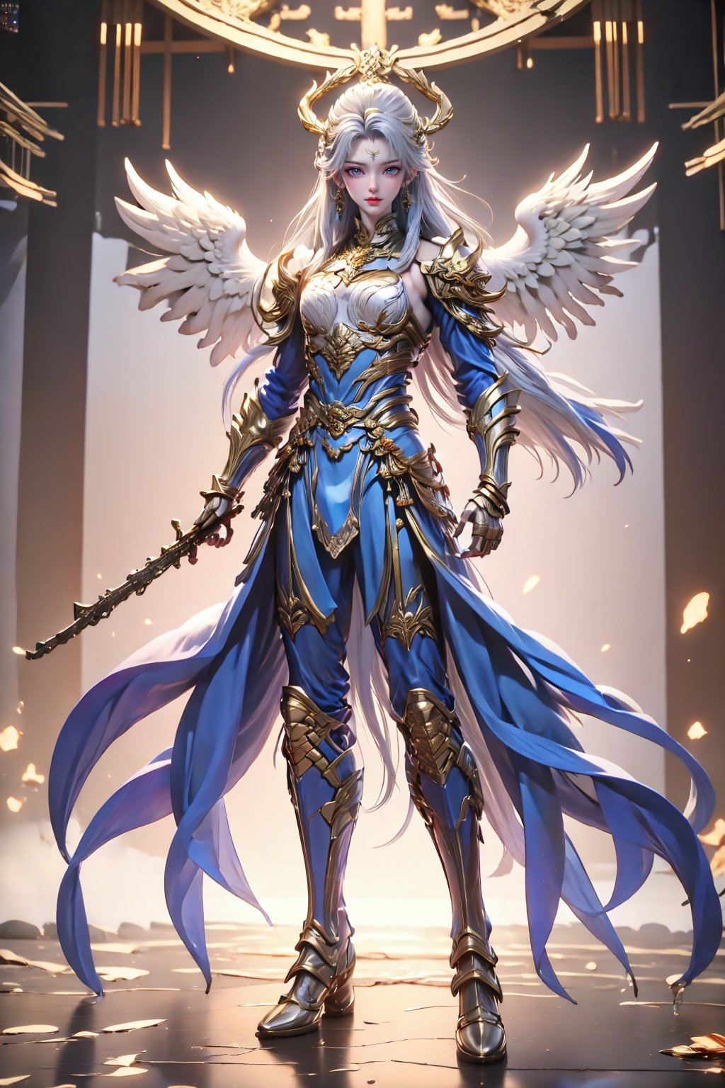 armor, long hair, solo, weapon, wings, white hair, shoulder armor, standing, looking at viewer, full body, gun, 1boy, pauldrons, gauntlets, armored boots, male focus, halo, feathered wings, earrings, reflection, greaves, holding, jewelry, reflective floor, white wings, holding weapon, angel wings, plate armor, boots, very long hair, rifle, dark skin, angel, breastplate, closed mouth, 1girl, sword, black armor, holding gun, grey eyes, faulds, gloves, lips, blue eyes