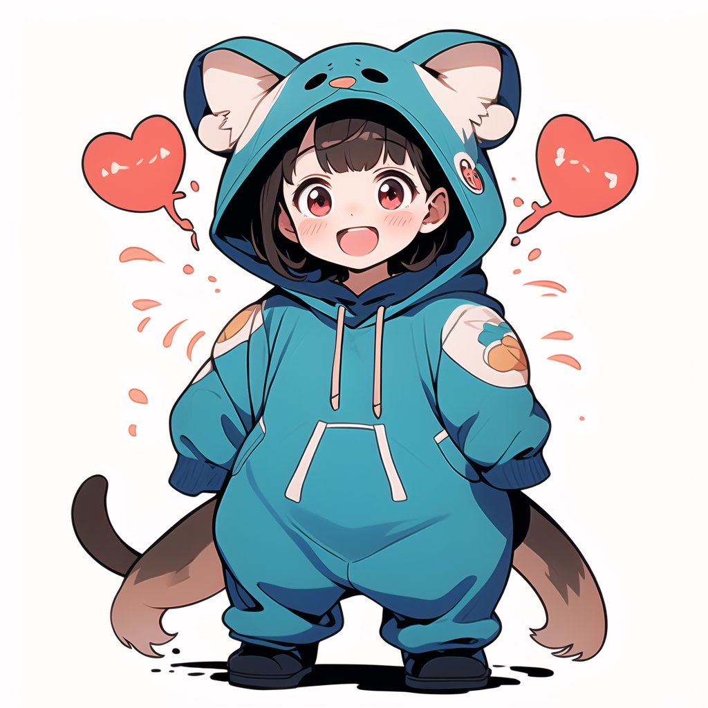 1girl, solo, brown hair, open mouth, red eyes, full body, white background, blush, bangs, tail, standing, looking at viewer, animal costume, smile, flying sweatdrops, simple background, kigurumi, hood, blush stickers