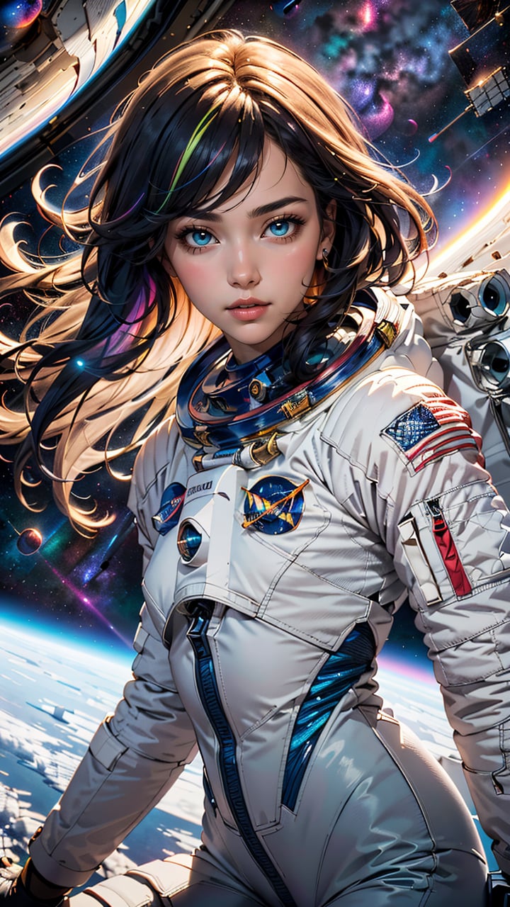 (best quality, masterpiece, colorful, dynamic angle, highest detailed) upper body shot, fashion photography of cute astronaut girl with long iridiscent colorful hair, in space sunlight passing through hair, (beautiful galaxy background), (official space art)