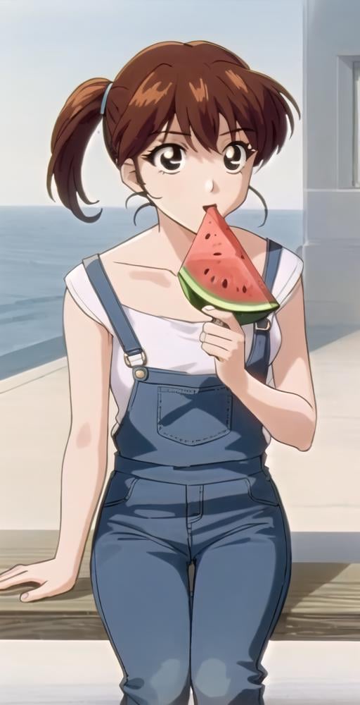 YS, 1girl, solo, portrait, sitting, patio, overalls, eating watermelon, perfect quality, good quality, masterpiece, HDR, UHD <lora:Yukina Shiratori:0.75>