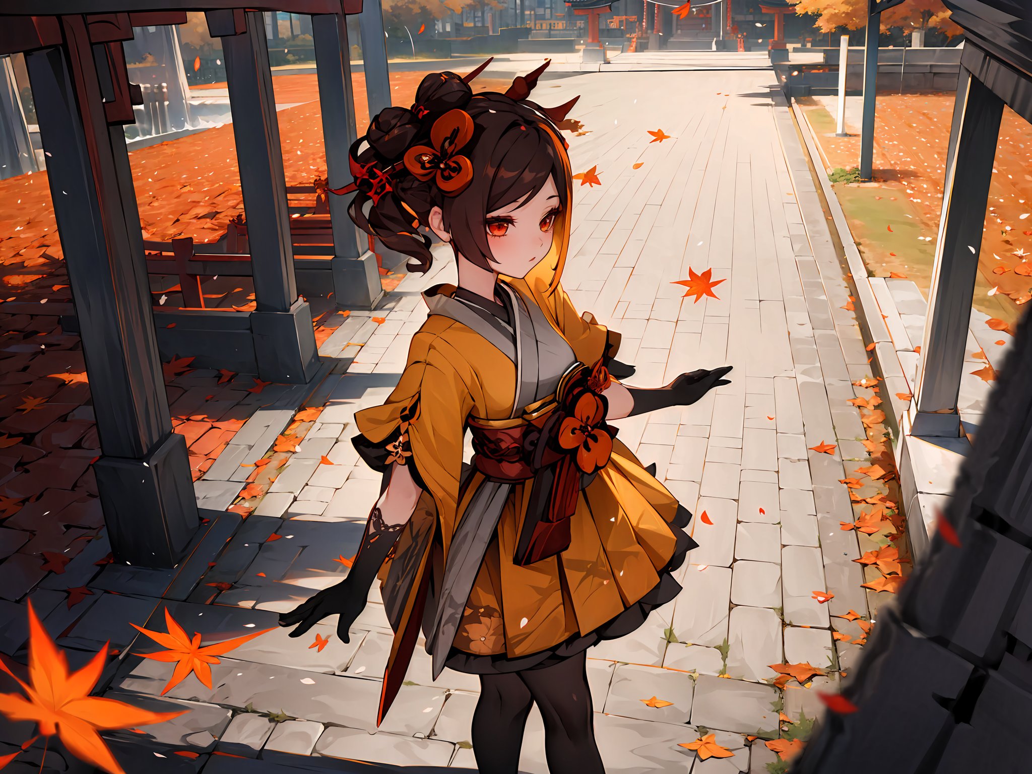 ((masterpiece,best quality)), 1girl, chiori, lace gloves, lace pantyhose, walking, temple, torii, petals, autumn leaves, depth of field, from above,