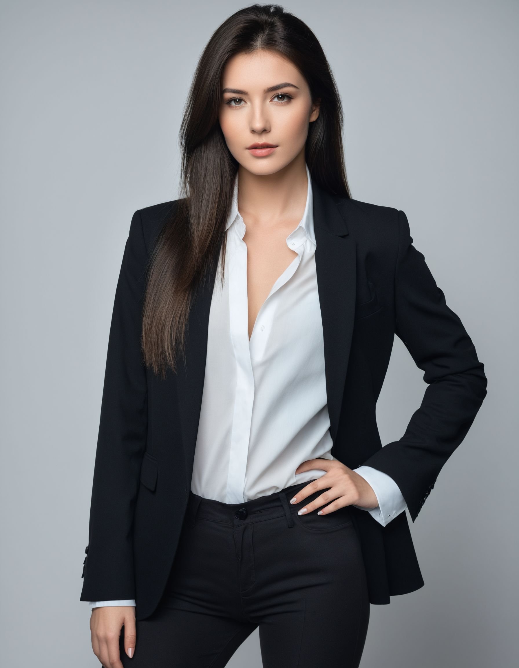 beautiful woman, sophisticated, white shirt, black blazer, unbuttoned shirt, dark hair, long hair, confident, alluring, HDR, 8k