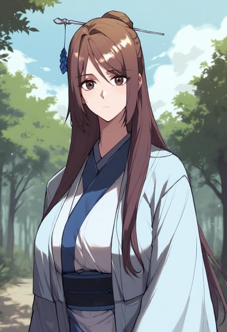 score_9, score_8_up, score_7_up, score_6_up, source_anime, rating_explicit, 1girl, solo, huge breasts, <lora:Nangong Hyang prefectPonyxl:0.9> brown hair, long hair, hair stick, hair ornament, single hair bun, brown eyes, chinese clothes, sky blue robe, kimono, sash, wide sleeves, long sleeves, expressionless, forest, outdoors, looking at viewer, close-up