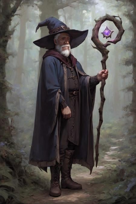 score_9, score_8_up, score_7_up, wizard, old, 1boy, old man, male focus, hat, beard, solo, staff, witch hat, facial hair, forest, nature, robe, long hair, looking at viewer, tree, holding, white hair, outdoors, holding staff, boots <lora:Cold Oil Style SDXL_LoRA_Pony Diffusion V6 XL:1>