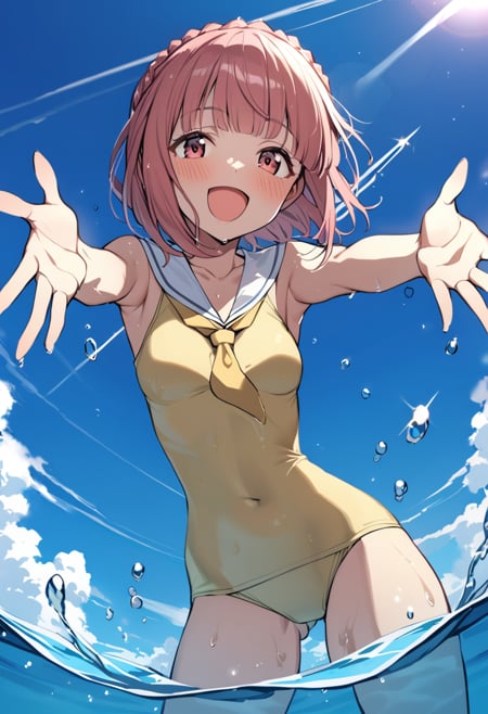 1girl, aikawa aika, purerill summer, solo, open mouth, smile, water, wading, looking at viewer, day, yellow swimsuit, outstretched arms, outdoors, small breasts, covered navel, blue sky, yellow neckwear, :d, eyebrows visible through hair, crown braid, brown eyes, splashing, ocean, blush, standing, pink hair, brown hair, casual one-piece swimsuit, short hair, condensation trail, red eyes, blunt bangs, cowboy shot, wet, white sailor collar, cloud, reaching out, school swimsuit, pink eyes, foreshortening, water drop, neckerchief, ass visible through thighs, outstretched hand, horizon, bare arms, new school swimsuit, collarbone, bare shoulders, yellow necktie, masterpiece, best quality <lora:aikawa_aika_sdxl_locon_v1:0.7>