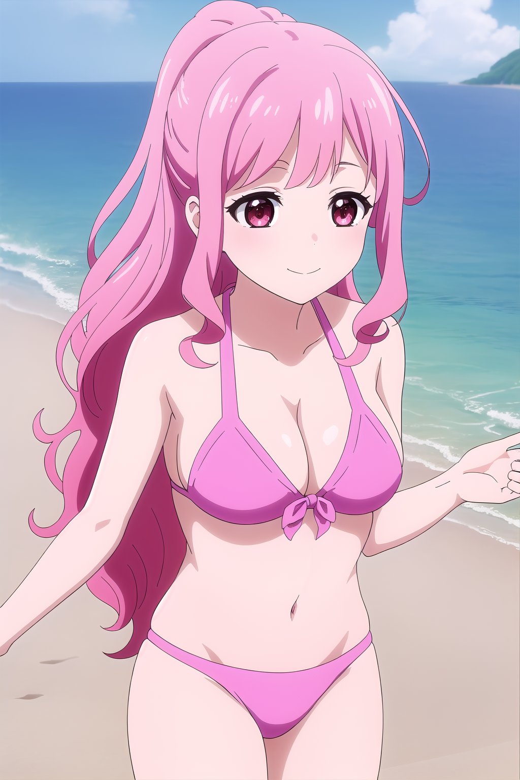 (masterpiece, best quality), highly detailed background, perfect lightingbest quality, yanagidakaoruko, solo, outdoors, beach, pink hair, high ponytail, half updo, swept bangs, wavy hair, very long hair, sidelocks, pink eyes, aqua bikini, swimsuit, smile, closed mouth, :), <lora:Yanagida-Kaoruko-2-10:0.7>