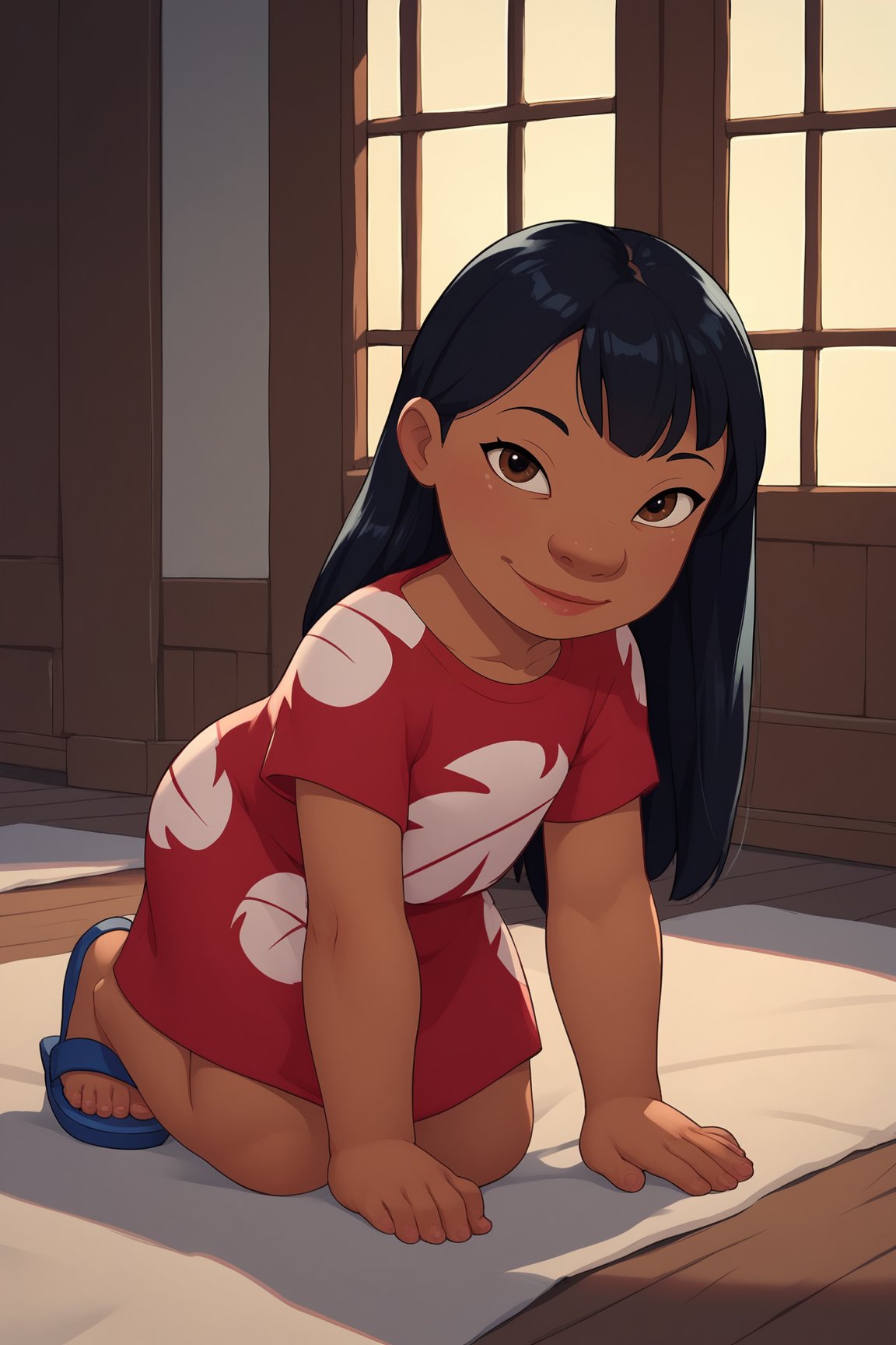 score_9, score_8_up, score_7_up, score_6_up, BREAK, LiloLSXL, child, dark skin, brown eyes, black hair, long hair, bangs, flat chest, red dress, short sleeves, blue sandals, solo, full body, all fours, seductive smile, looking at viewer, indoors <lora:LiloLSXL:0.8>