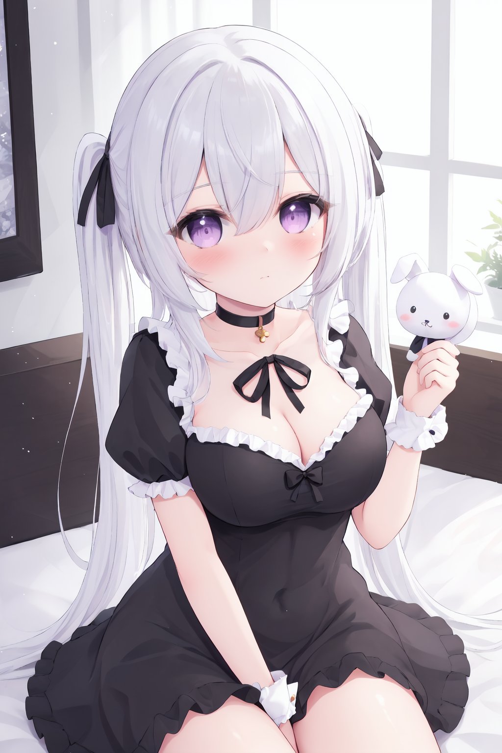 1girl,solo,purple eyes,stuffed toy,stuffed bunny,stuffed animal,long hair,dress,looking at viewer,sitting,breasts,bangs,short sleeves,frills,black dress,frilled dress,ribbon,puffy sleeves,blush,hair ribbon,white hair,hair between eyes,puffy short sleeves,bow,closed mouth,very long hair,black bow,medium breasts,black ribbon,twintails,choker,holding stuffed toy,on bed,