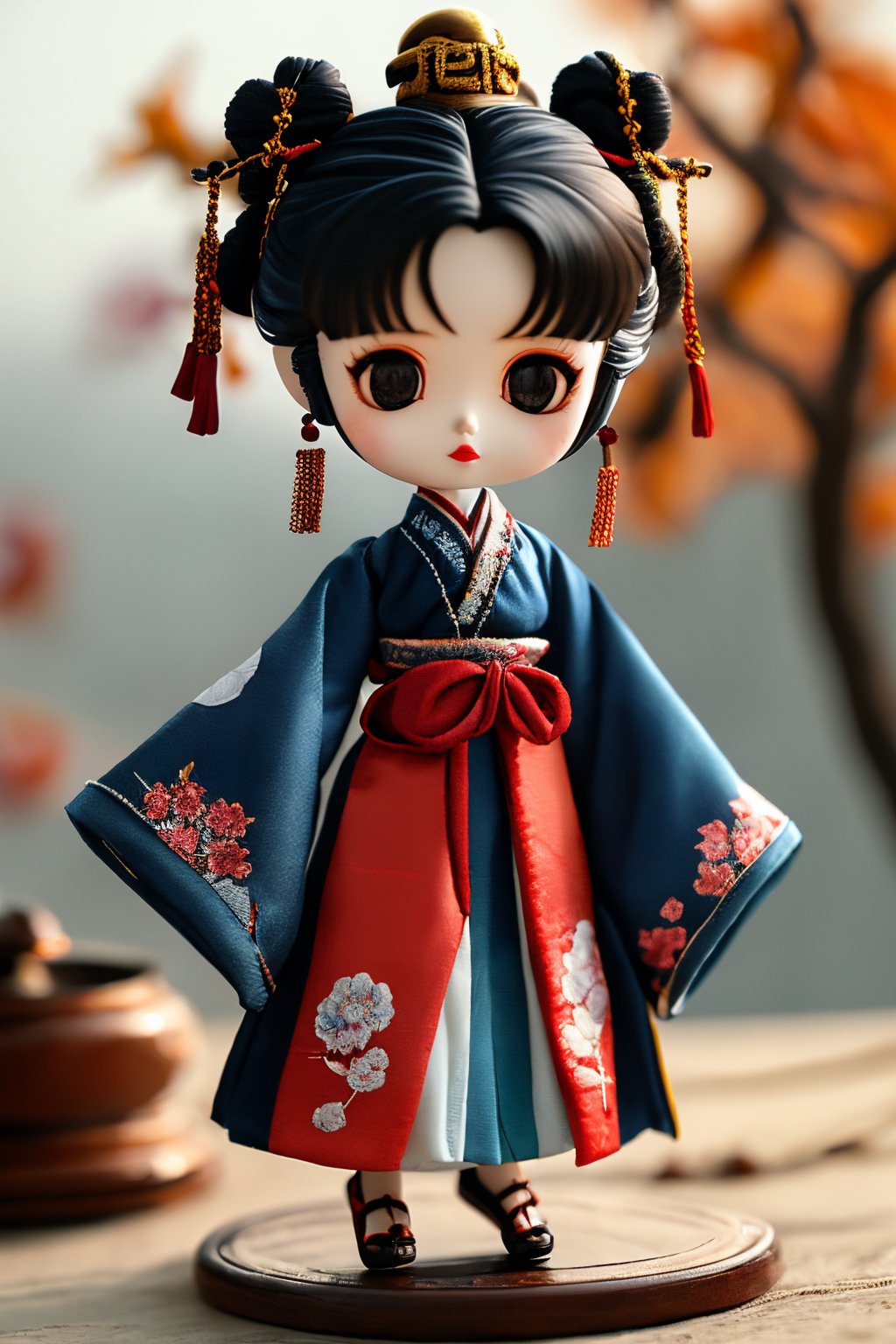 PPMT01,1girl,solo,looking at viewer,jewelry,long sleeves,black hair,blurry background,full body,standing,sleeves past wrists,chinese clothes,wide sleeves,black eyes,chibi,<lora:PPMT1.5-000008:0.8>,, masterpiece, best quality,