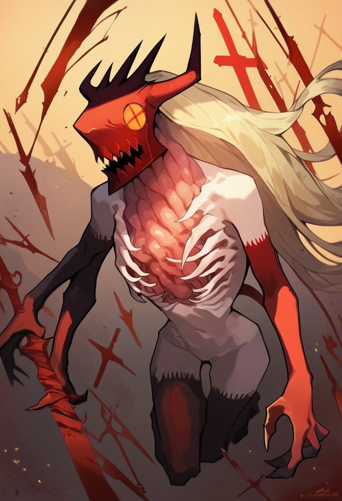 score_9, score_8_up, score_7_up,Power, Blood Devil, 1girl, long hair, blonde hair, cross-shaped pupils, ribs, exposed organs, horns, sharp teeth, nude