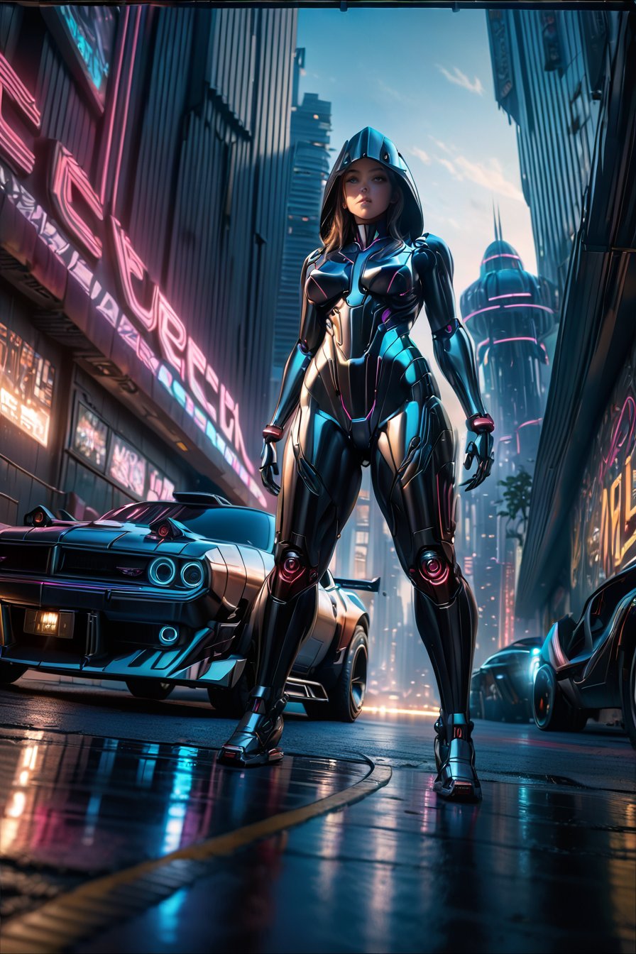 hyper realistic,metal,professional photo of a futuristic muscle car with multiple modifications, large wheels, driving, cybernetic hood, cyber car parts, front pop up headlights, science fiction, sci-fi scenario, (night), natural light, cyberpunk, futuristic city, cyberpunk city, neon signs, highly detailed, (highly detailed background), multiple buildings in the background, detailed textures, wide angle, 8k, HDR, professional photoshoot, high quality photo, realistic photo, realistic shadows, detailed shadows, realistic proportions,film grain, raw photo,(front), (Depth of field hdr 8k 4k wallpaper cinematic angle, cinematic lighting,:1.1) (masterpiece, best quality:1.75), (Depth of field hdr 8k 4k wallpaper cinematic angle, cinematic lighting,:1.5) (masterpiece, best quality:2.0)