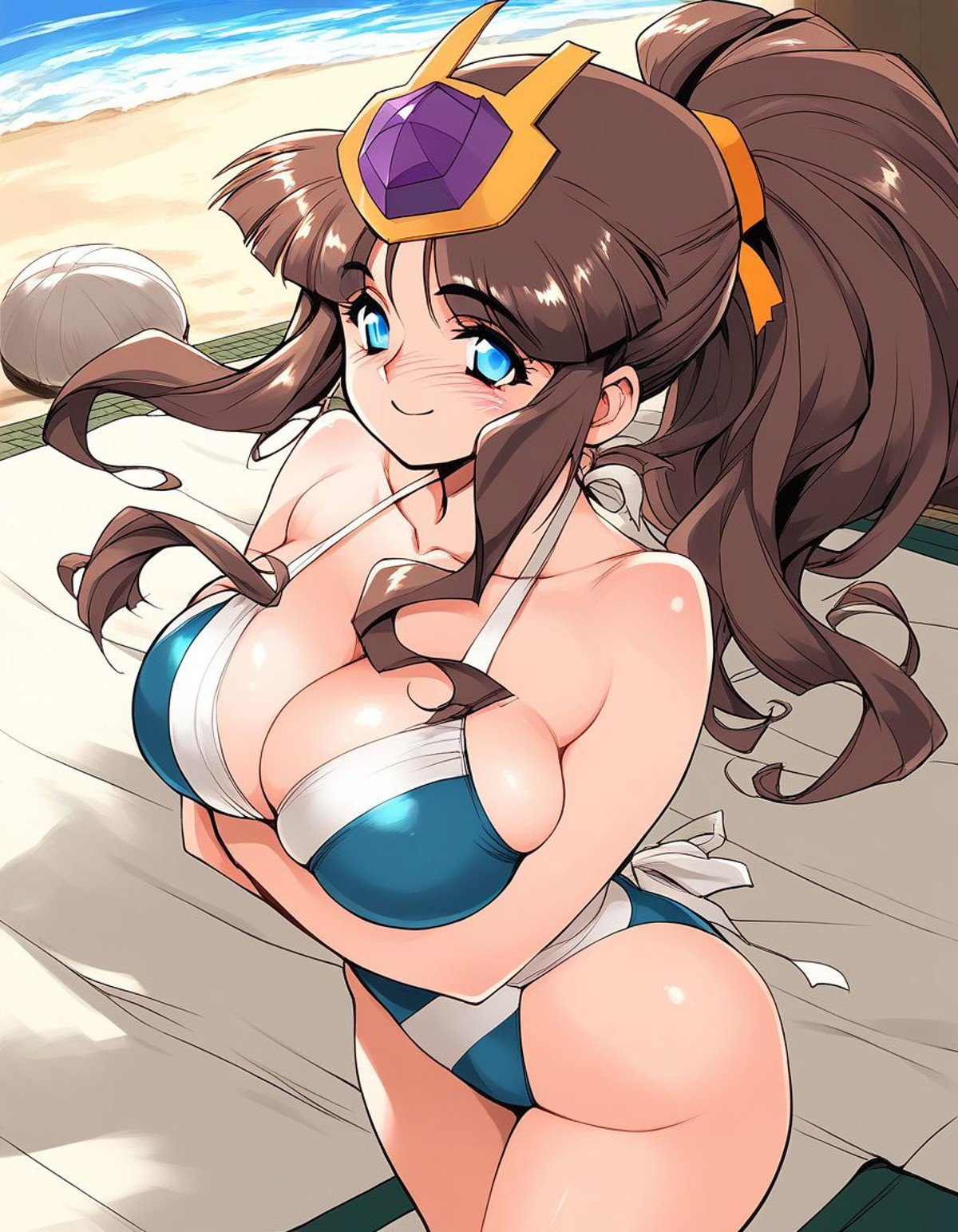 score_9, score_8_up, score_7_up, source_anime, rating_explicit, BREAK  <lora:Raika_XL:1>Raika, long hair, blue eyes, brown hair, ponytail, large breasts, hat, smile, blush,blush,   swimsuit, summer, beach, sea, cowboy shot,  large breasts, cleavage,Japan room, tatami, 