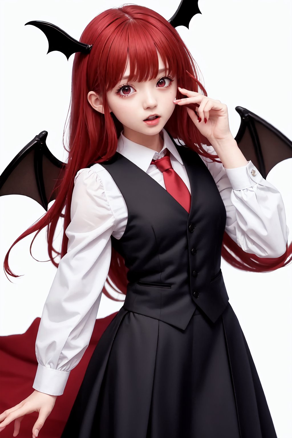 koakuma,1girl,head_wings,bat_wings,solo,red_necktie,open_mouth,black_vest,white_shirt,looking_at_viewer,simple_background,blush,long_sleeves<lora:koakuma:1>,simple background,white backgroundmasterpiece,best quality, highly detailed, 