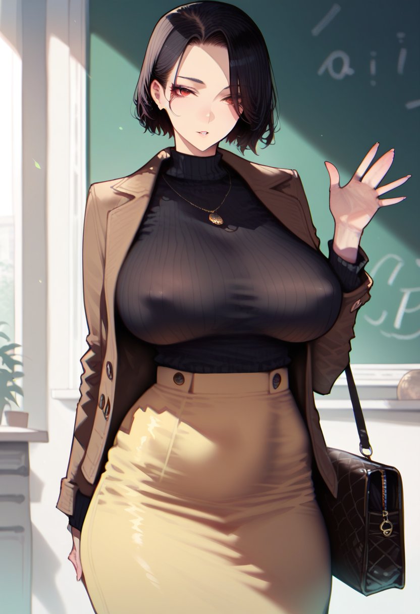 score_9, score_8_up, score_7_up, score_6_up, source_anime, <lora:WAW 0.2v:0.85>, WAW, curvy, curves, curvy body,1girl, breasts, skirt, solo, black hair, bag, short hair, necklace, jewelry, sweater, jacket, turtleneck, arm behind back, large breasts, chalkboard, black sweater, covered nipples, turtleneck sweater, waving, looking at viewer, handbag, brown eyes, open clothes, open jacket, long sleeves, red eyes, bangs, brown jacket, long skirt, high-waist skirt, brown skirt, shoulder bag, shirt, black shirt, shirt tucked in, parted lips, yellow skirt, hand up, standing, parted bangs, expressionless, bob cut, indoors, 