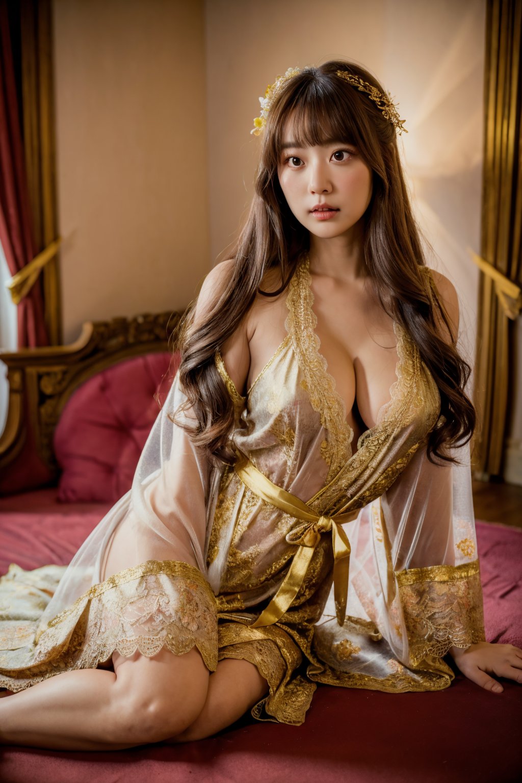 best quality, masterpiece, raw photo of a 1girl in long floral lace see-through robe which often for ornate details and gold jewellery, flowing long brown hair cascading over her shoulders, show cleavage, middle distance shot taken by long range lens, low key light, soft shadow, soft bokeh, professional photography, balanced contract, balanced exposure, playful in the room, daylight, playful theme