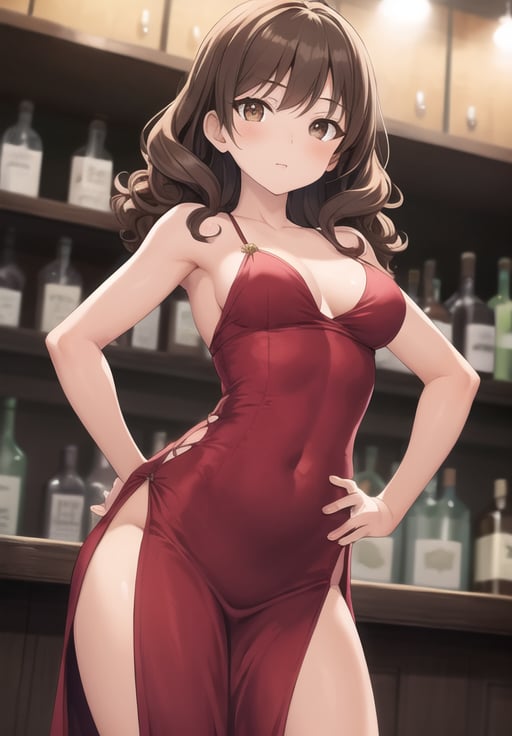 masterpiece,best quality,1girl,brown eyes,curly brown hair,bar,long silky red dress,hands on hips,(medium breasts:1.1)